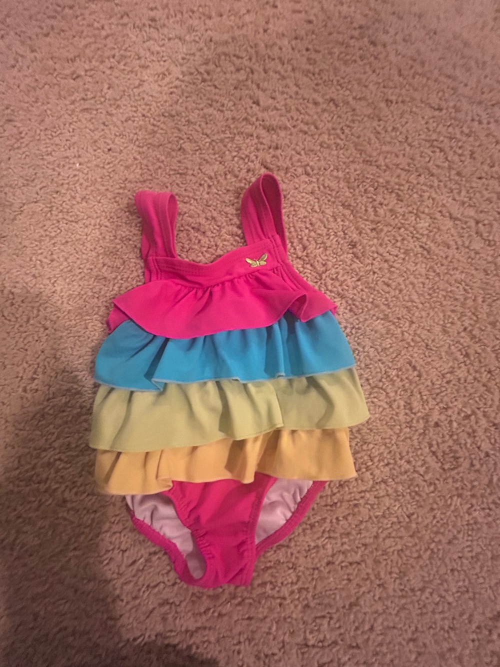 Carter's Pink Ruffle One-Piece Swimsuit with Pastel Blue, Green & Yellow Tiers